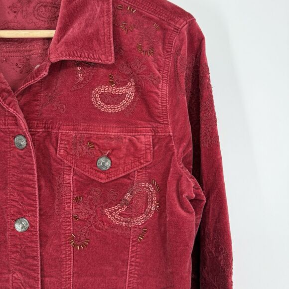 Chicos Red Velvet Jean Jacket Womens Size 1 (8/10) Embroidered Holiday Boho - Picture 3 of 8